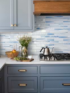 Blue Cabinets Gray Countertop with Ocean Blue Glass Subway Tile BA5507
