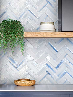 Blue Cabinets with Ocean Blue Glass Herringbone Tile BA5507
