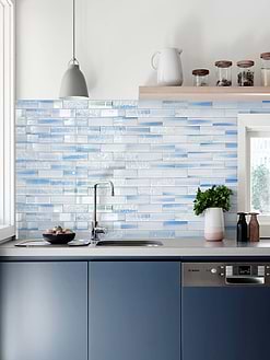 Blue Modern Cabinet with Ocean Blue Glass Herringbone Tile BA550