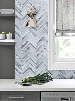 Dark Gray Cabinets with Blue Gray Herringbone Glass Tile BA5507