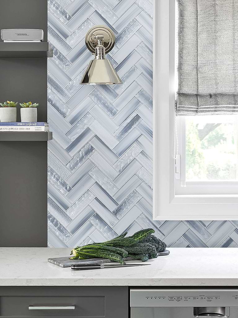 Blue Gray Textured Glass Herringbone Tile - BA5507