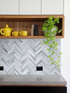 Dark Gray Countertop with Blue Gray Herringbone Glass Tile BA5507