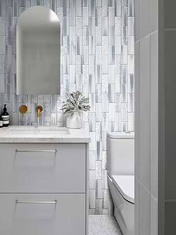 Gray Bathroom Vaniry with Blue Gray Subway Glass Tile BA5507