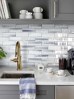 Gray Cabinet Countertop with Blue Gray Subway Glass Tile BA5507