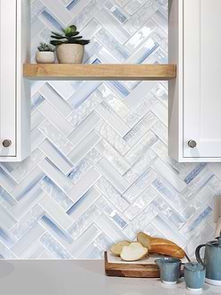 Gray Countertop with Ocean Blue Glass Herringbone Tile BA5507