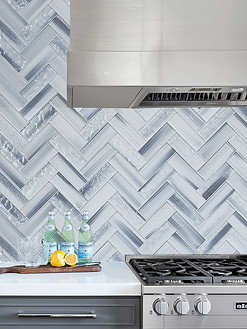 Gray Kitchen Cabinet with Blue Gray Herringbone Glass Tile BA5507