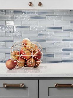 Gray Kitchen Cabinet with Blue Gray Subway Glass Tile BA5507