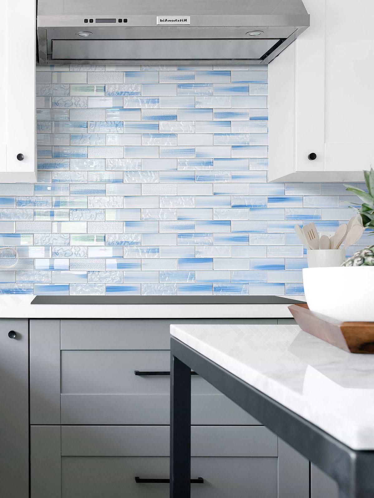 Gray Kitchen Cabinets with Ocean Blue Glass Subway Tile BA5507