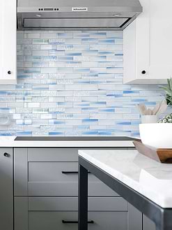 Gray Kitchen Cabinets with Ocean Blue Glass Subway Tile BA5507