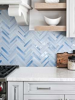 Ligth Gray Countertop with Ocean Blue Glass Herringbone Tile BA5507