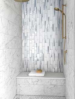 Marble shower wal with Blue Gray Subway Glass Tile BA5507