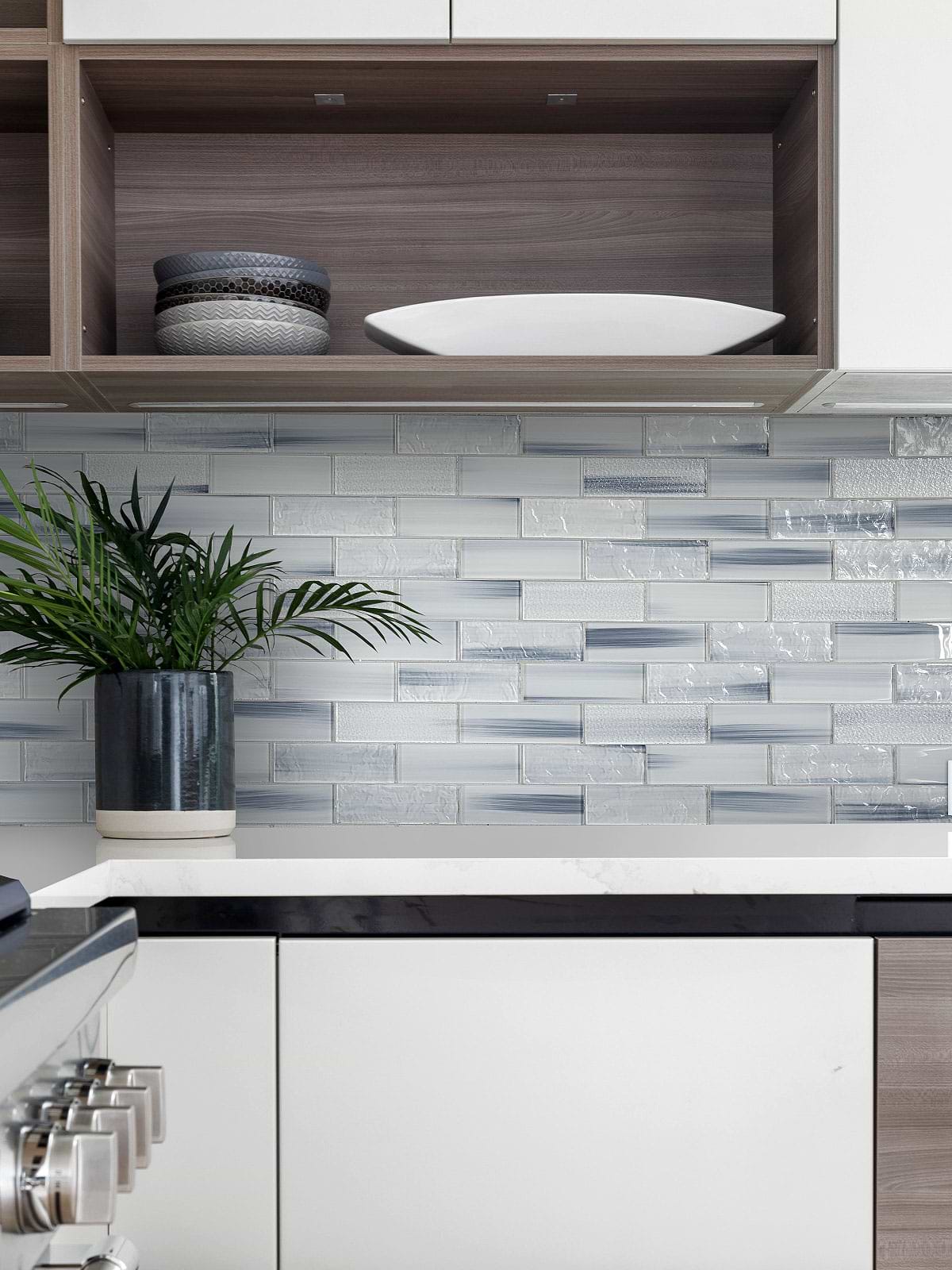Modern Kitchen Cabinets with Blue Gray Subway Glass Tile BA5507