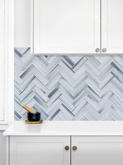 Modern White Kithcen with Blue Gray Herringbone Glass Tile BA5507