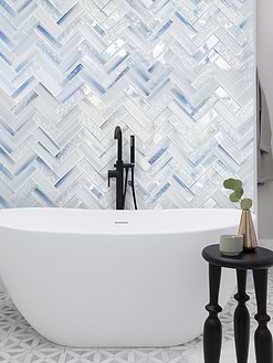 Standing Bathtub with Ocean Blue Glass Herringbone Tile BA5507
