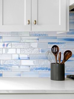 White Cabinet Countertop with Ocean Blue Glass Subway Tile BA5507