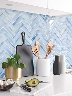 White Countertop with Ocean Blue Glass Herringbone Tile BA5507
