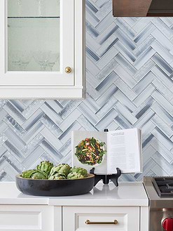 White Kitchen Cabinets with Blue Gray Herringbone Glass Tile BA5507