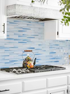 White Kitchen Cabinets with Ocean Blue Glass Subway Tile BA5507