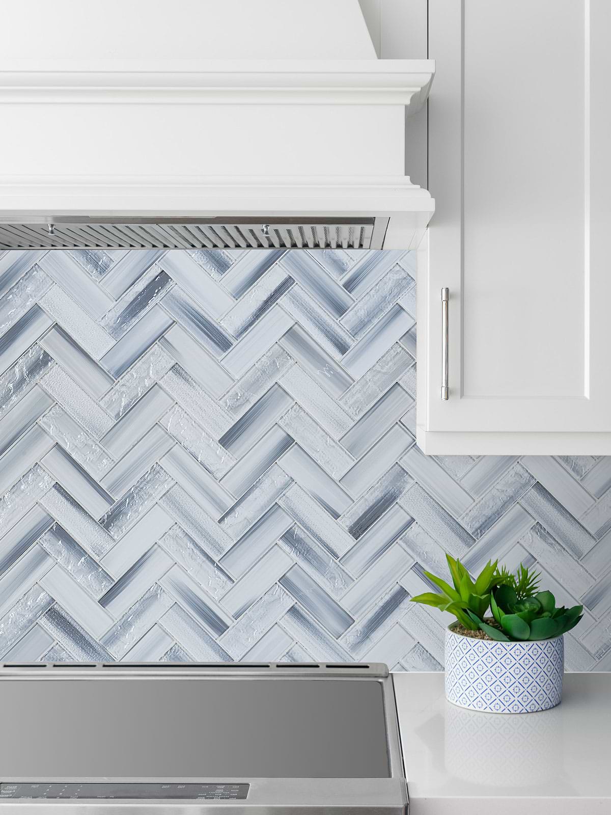 White Kitchen with Blue Gray Herringbone Glass Tile BA5507