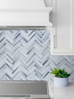 White Kitchen with Blue Gray Herringbone Glass Tile BA5507