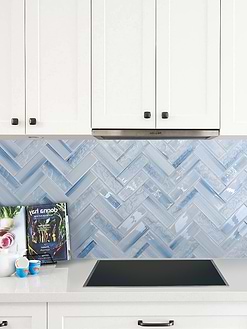 White Kitchen with Ocean Blue Glass Herringbone Tile BA5507