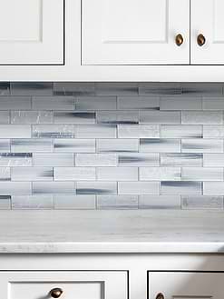 White Marble Countertop with Blue Gray Subway Glass Tile BA5507