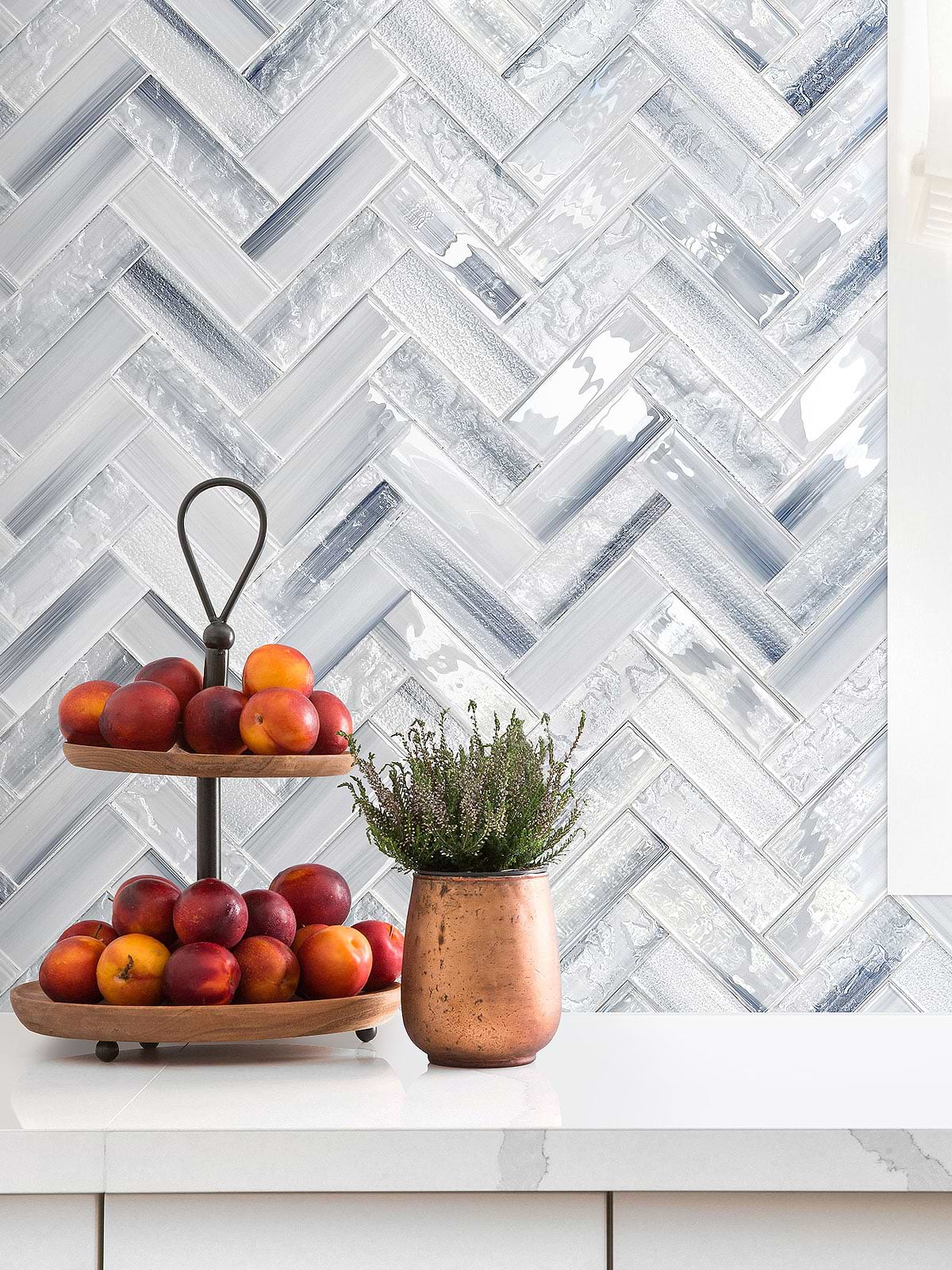 White Quartz Countertop with Blue Gray Herringbone Glass Tile BA5507