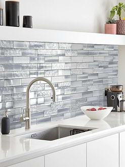 White Quartz Countertop with Blue Gray Subway Glass Tile BA5507