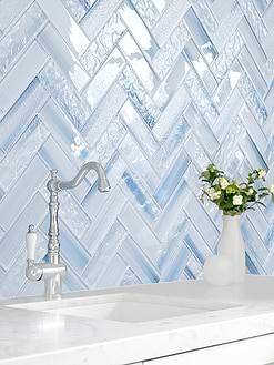 White arble Countertop with Ocean Blue Glass Herringbone Tile BA5507