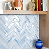 Wood Cabinets with Ocean Blue Glass Herringbone Tile BA5507