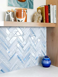 Wood Cabinets with Ocean Blue Glass Herringbone Tile BA5507