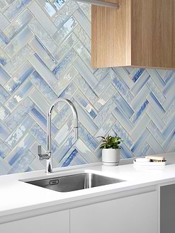 Wood look Cabinet with Ocean Blue Glass Herringbone Tile BA5507