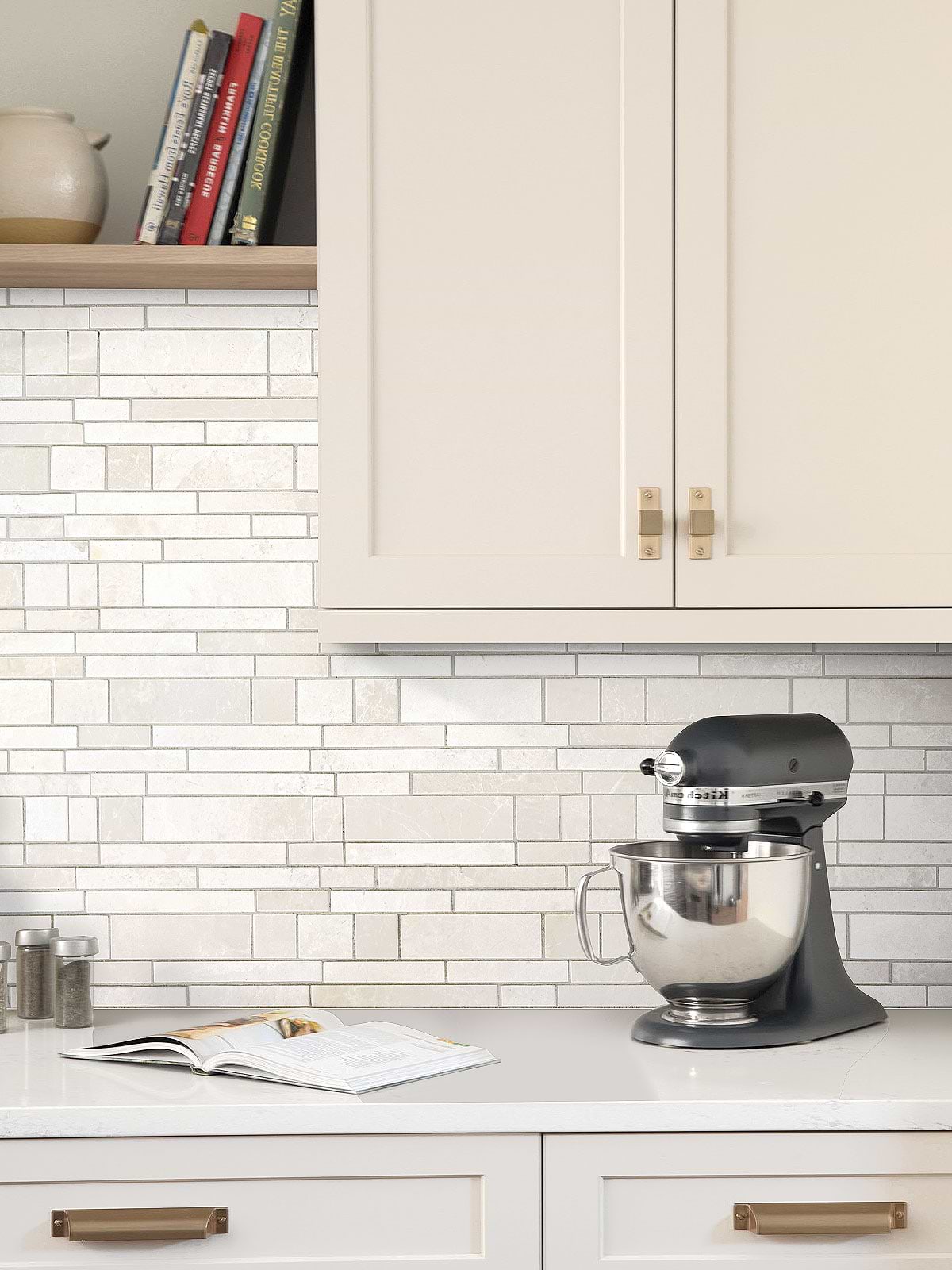 Beige Kitchen Cabinets with Beige Marble Backsplash Tile BA1095