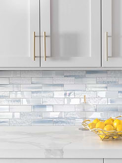 Calacatta Countertop with Blue Glass Subway Tile BA5507