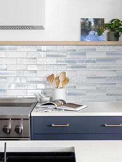 Dark Blur Cabinets with Blue Glass Subway Tile BA5507