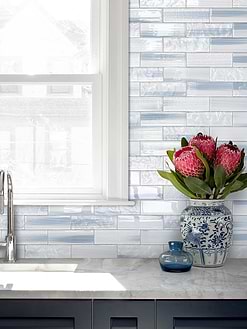 Gray Kitchen Countertop with Blue Glass Subway Tile BA5507