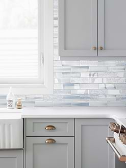 Light Gray Kitchen Cabinets with Blue Glass Subway Tile BA5507