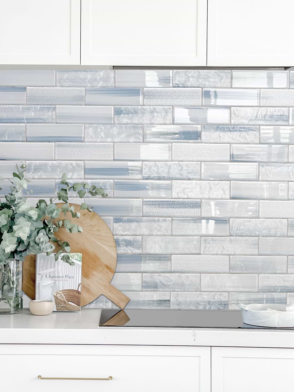 White Modern Cabinets with Blue Glass Subway Tile BA5507