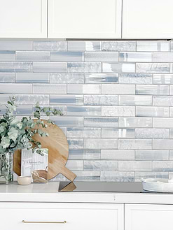 White Modern Cabinets with Blue Glass Subway Tile BA5507