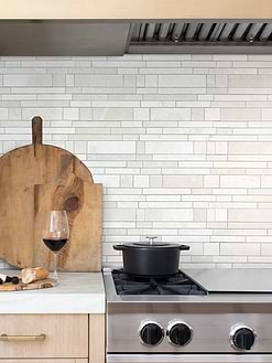 Wood Color Cabinet with Beige Marble Backsplash Tile BA1095