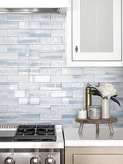 Wood look Cabinets with Blue Glass Subway Tile BA5507