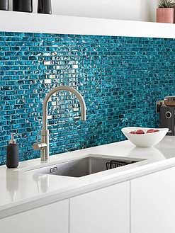 White Cabinet Countertop with Teal Blue Glass Tile BA5517