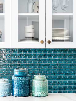 White Cabinets with Teal Blue Glass Tile BA5517