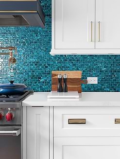 White Kitchen Cabinets with Teal Blue Glass Tile BA5517