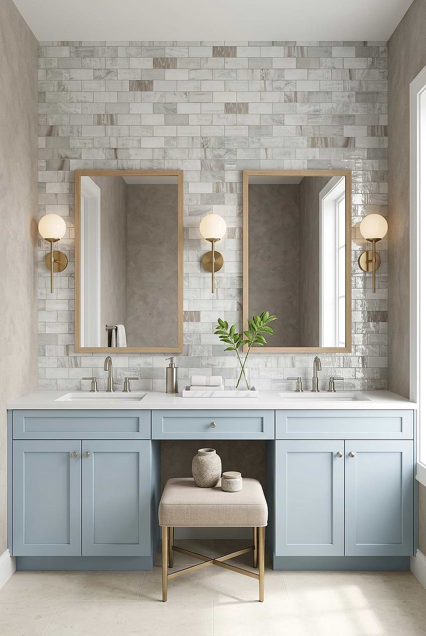 Opal Beige Glass Subway Backsplash Above Light Blue Vanity BA7015