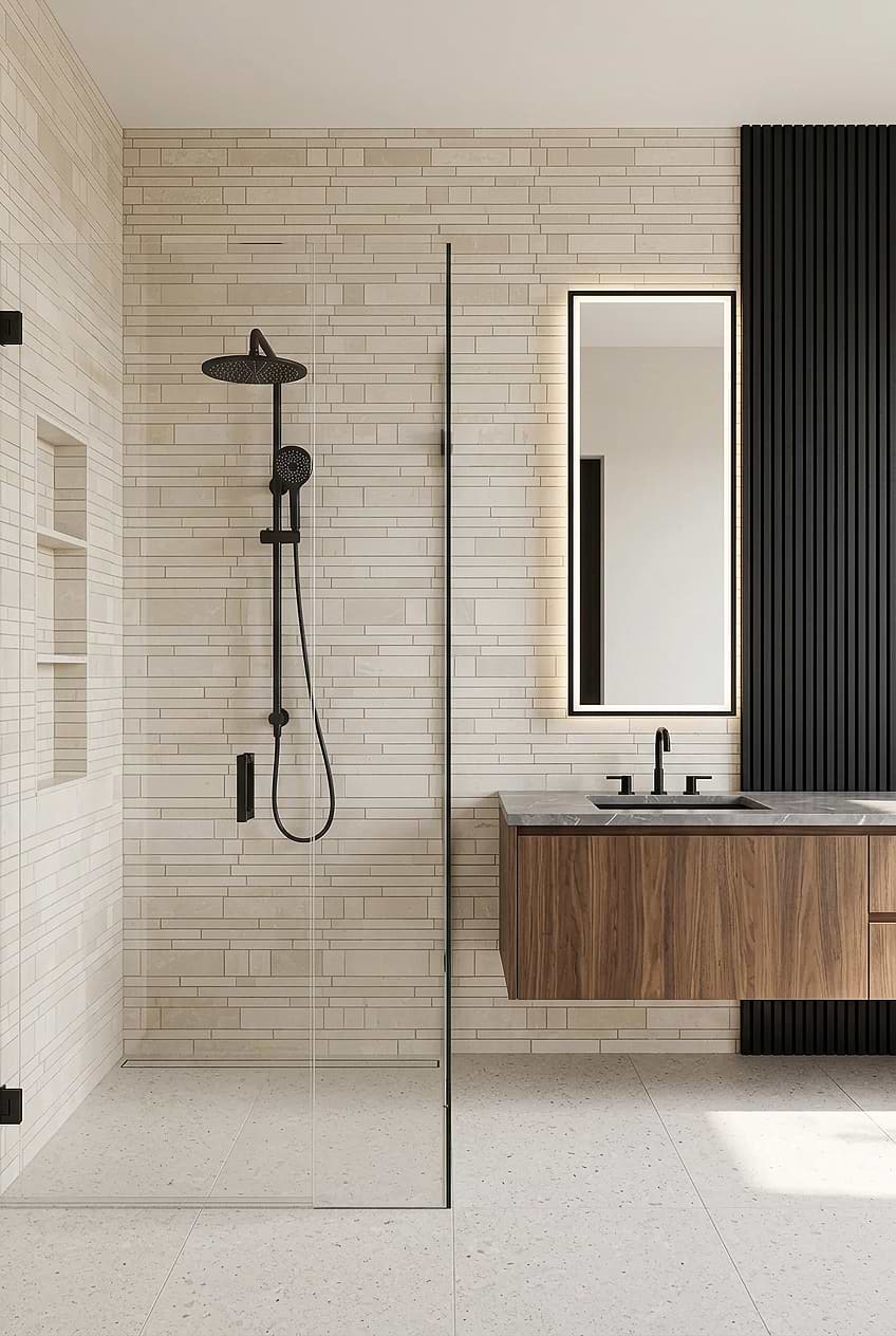 Beige Marble Linear Shower Wall Design BA1095