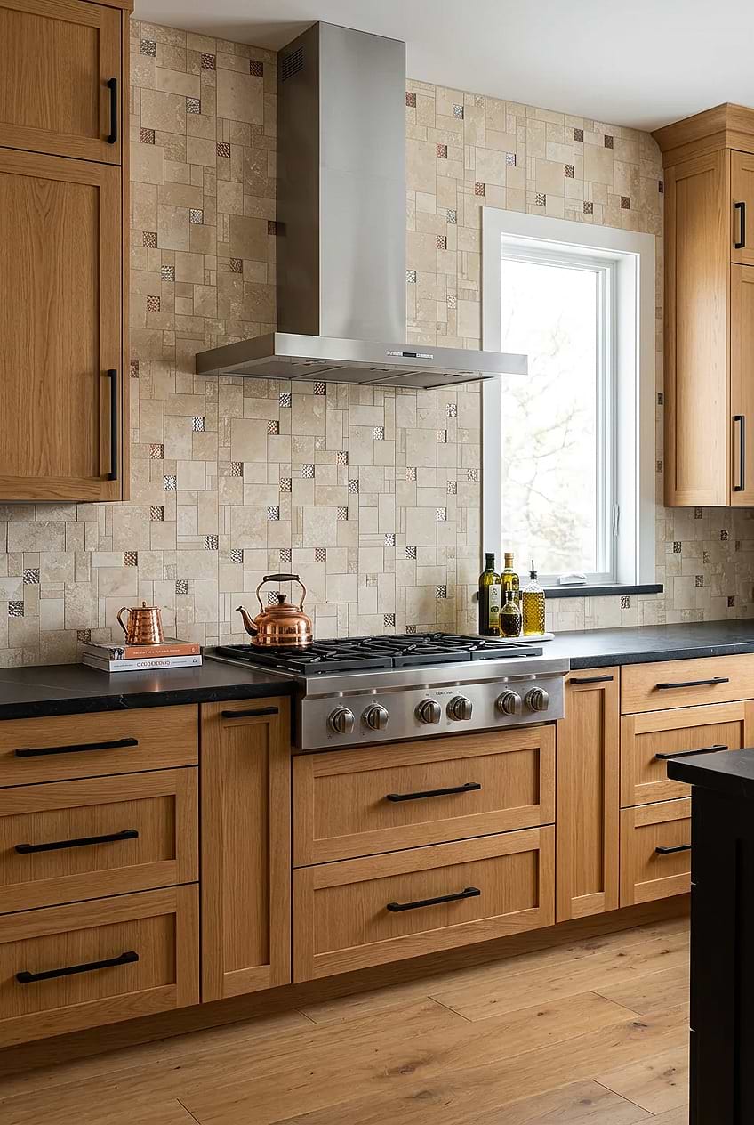 Beige Travertine Glass Kitchen Tile BA1043