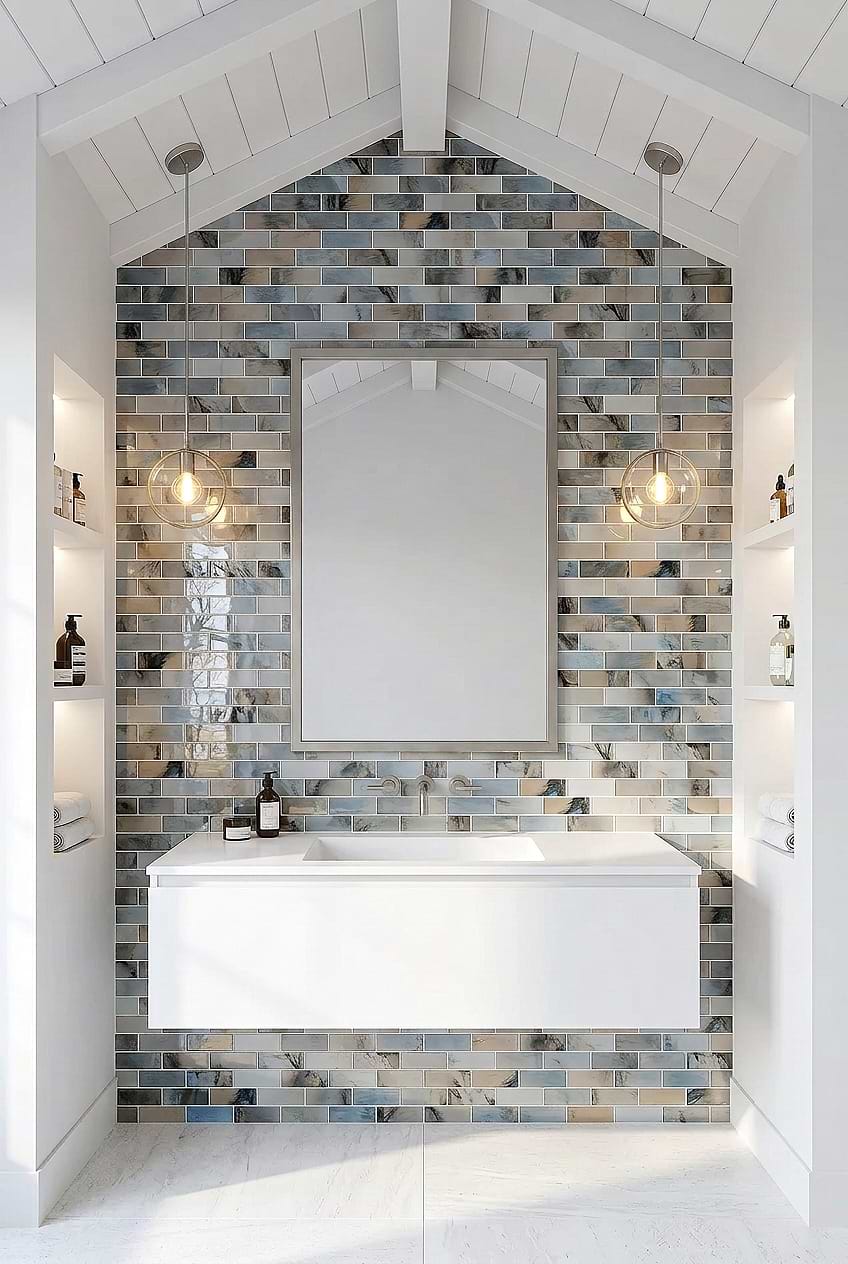 Blue Brown Glass Subway Feature Wall Above White Vanity BA8002