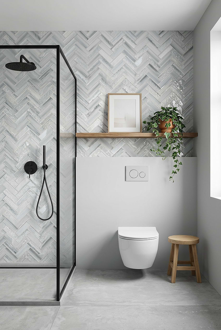 Blue Glass Herringbone Shower Wall Tile Design BA5507