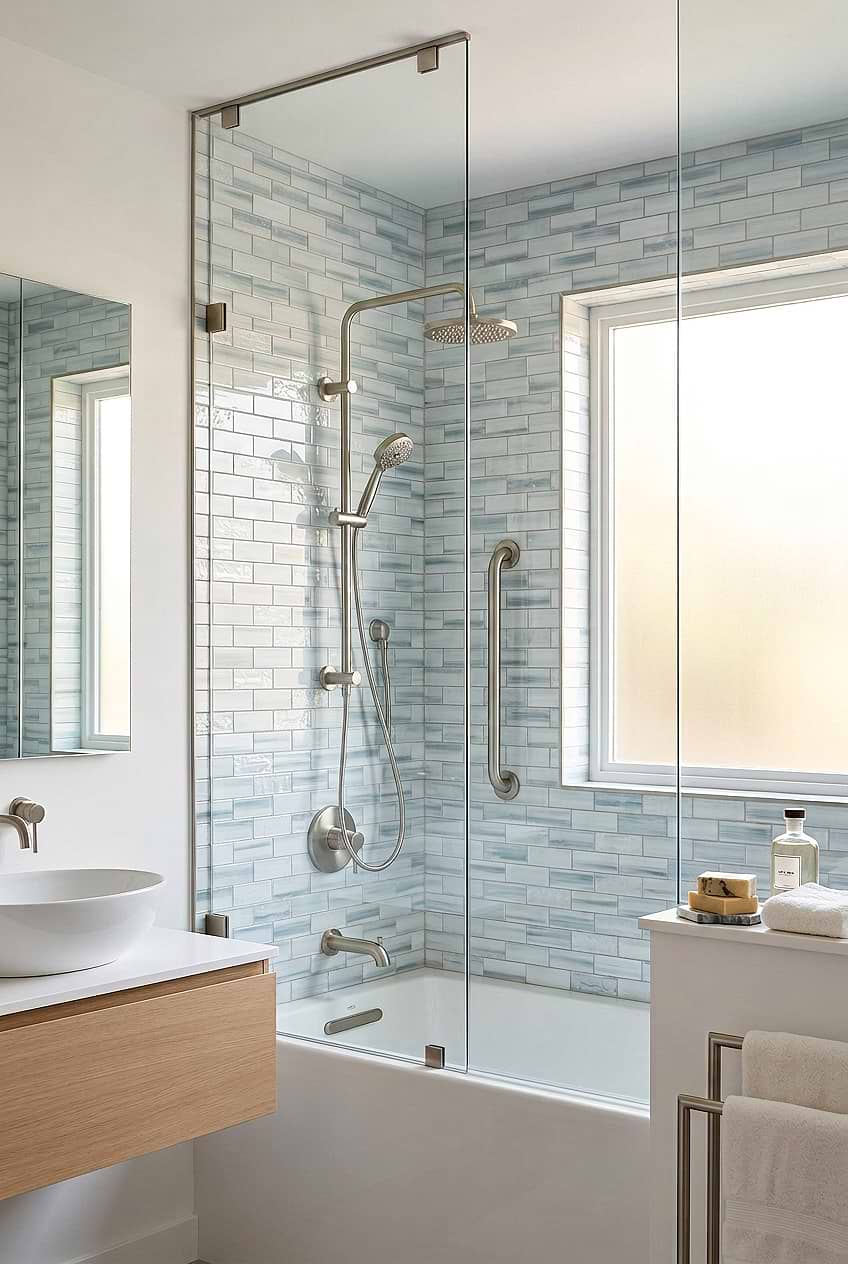 Blue Glass Subway Shower Tile Design BA5507 LOT A Blue Glass Subway Shower Tile Design BA5507 LOT A